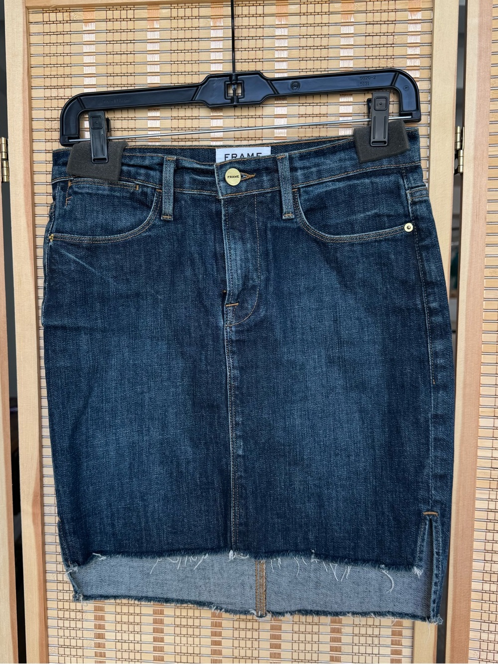 Frame Denim Indigo Blue Raw-Hem Denim Skirt
